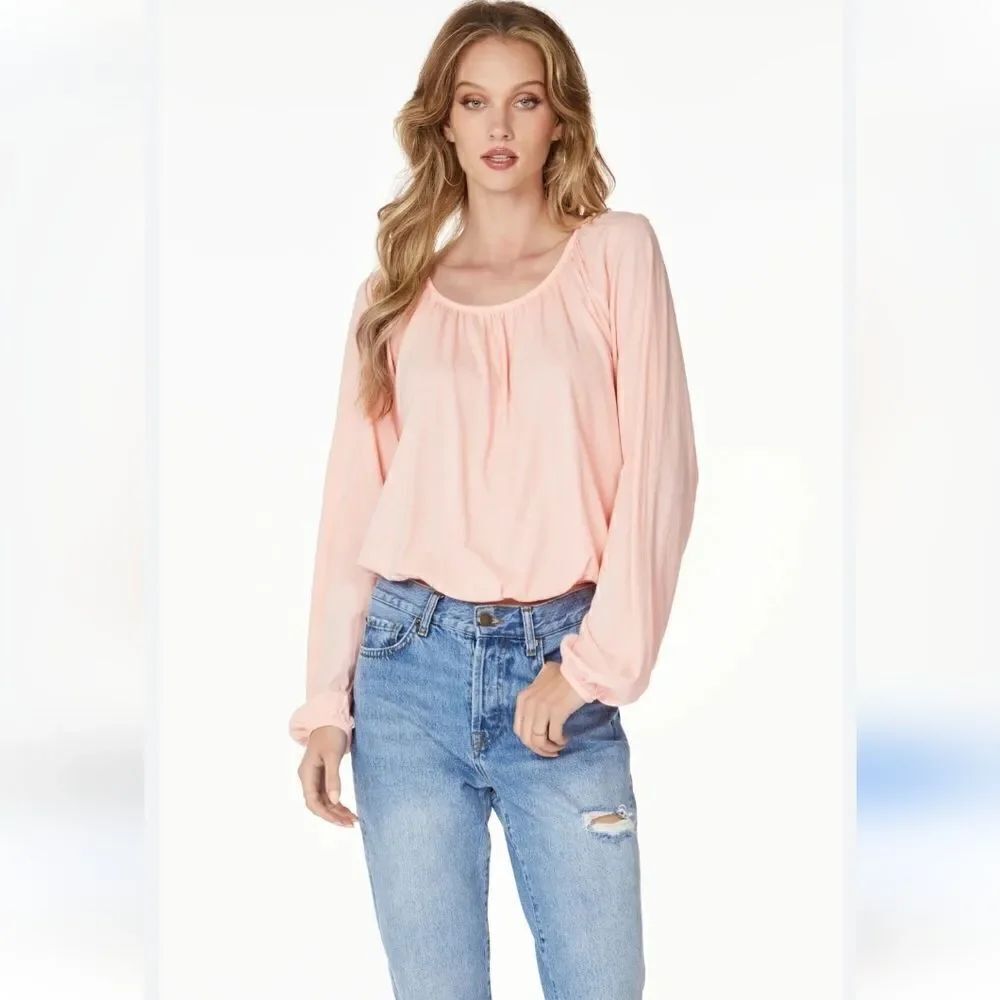 NWT Bobi LA Boatneck Shirred Long Sleeve Top Peach Pink Medium